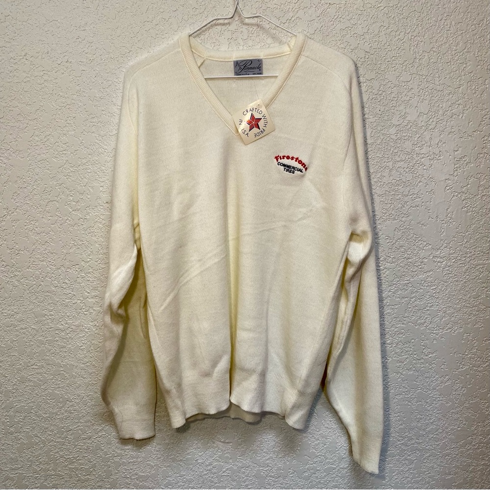 Vintage Pinnacle V-Neck Sweater Men’s L Cream FIRESTONE Made in USA Soft Acrylic